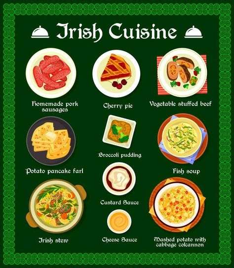 Irish cuisine vector menu food of Ireland, meals Ireland Aesthetic, Ireland Food, Custard Sauce, Japanese Bread, Irish Cuisine, Menu Food, Food Ad, Fish Soup, Diy Skin Care Recipes