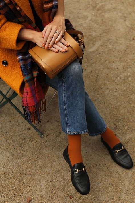 Styling Socks, Colorful Socks Outfit, Shortalls Outfit, Socks And Loafers, Loafers With Socks, Socks Outfit, Orange Socks, Blair Eadie, Colors Of Fall