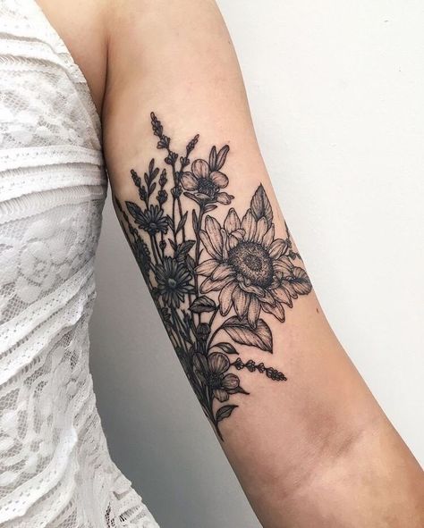 Yg Tattoos, Sunflowers And Lavender, Bicep Tattoo Women, Arm Cover Up Tattoos, Botanisches Tattoo, Tatuaje Cover Up, Inner Bicep Tattoo, Flowers Sunflowers, Inner Arm Tattoo