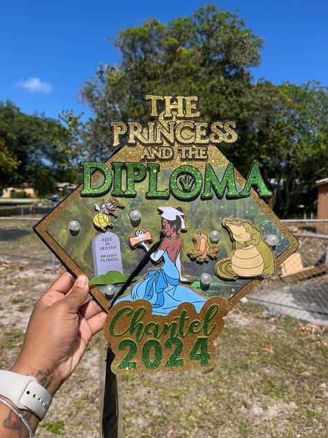 Custom Princess & Dipolma graduation cap topper. Name and Grad Year can be added to the cap, this is a physical product. Cap can be done with or without GRAVESTONE. Disney Grad Party, Cap Decoration Graduation Princess And The Frog, Graduation Cap Designs Princess, Medical Assistant Graduation Cap Ideas, Graduating Cap Ideas, Grad Cap Ideas Princess And The Frog, Bratz Graduation Cap, Princess Tiana Grad Cap, Princess Tiana Graduation Cap