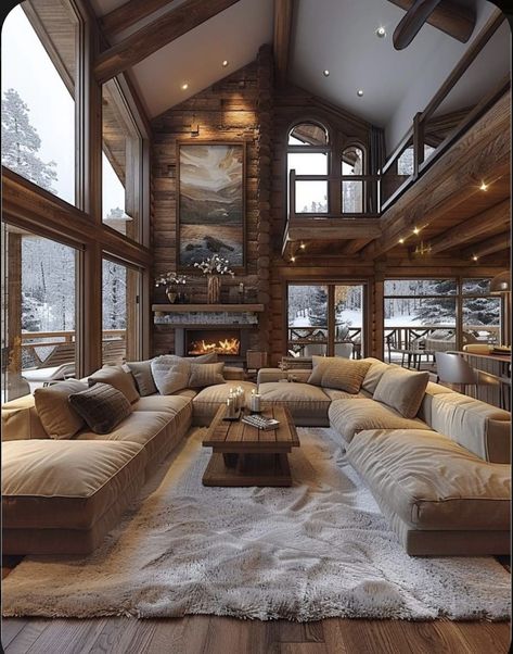 Interior Design Chalet, Luxury Cottage Interior, Future Home Ideas Interior Design, Cozy Big House, Mountain Home Aesthetic, Rustic Interior Design Living Room, Big House Interior, A Frame House Interior, Mountain House Interior