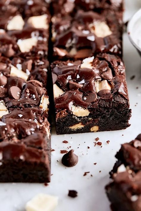 Decadent Fudgy Triple Chocolate Brownies #brownie #milkchocolate #cocoapowder #darkchocolate #whitechocolate #baking #dessert #dessertrecipe | Tutti Dolci Desserts Board, Triple Chocolate Brownies, Peanut Butter Cup Brownies, Baking Photography, Cheese Brownies, Fudgy Brownie Recipe, Desserts Ideas, Decadent Chocolate Desserts, Chocolate Pairings