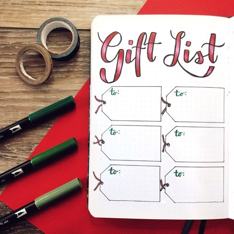 Christmas gift list for your bullet journal. Keep track of everyone’s Christmas gifts with this gift tracker in your bullet journal #christmasgifts #bujo #bulletjournal Bullet Journal Gift List, Bullet Journal Ideas Christmas, Journal Ideas Christmas, Bullet Journal Christmas, December Bullet Journal, Gift Tracker, Bullet Journal Set Up, Bullet Journal Quotes, Bullet Journal Tracker