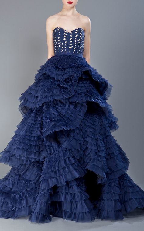 Laser Cut Petal Gown by ALEXANDRA VIDAL for Preorder on Moda Operandi Petal Gown, Evening Aesthetic, Weave Dress, Fantastic Fashion, Silver Embroidery, What To Wear To A Wedding, Glamour Dress, Kids Frocks, Blue Gown