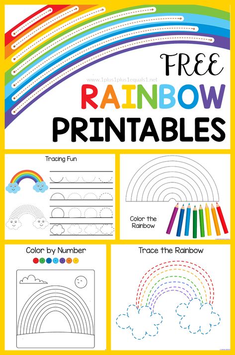 Free Rainbow Printable Pack for Kids! Have fun exploring colors with this free set centered around rainbows. Tracing, coloring, connect the dots, color by number and more! #1plus1plus1 #homeschool #homeschooling #freeprintablesforkids #kidsactivities #kidsprintables  #earlychildhood #preschoolactivities #homeschoolpreschool #kindergartenworksheets Rainbow Tracing Preschool, Rainbow Worksheet Preschool Free Printables, Rainbow Worksheet Free Printable, Rainbow Tracing Worksheet, Printable Rainbow Coloring Pages, Rainbow Numbers Free Printable, Rainbow Activities Preschool Printables, Rainbow Lesson Plans Preschool, Rainbow Activities Preschool