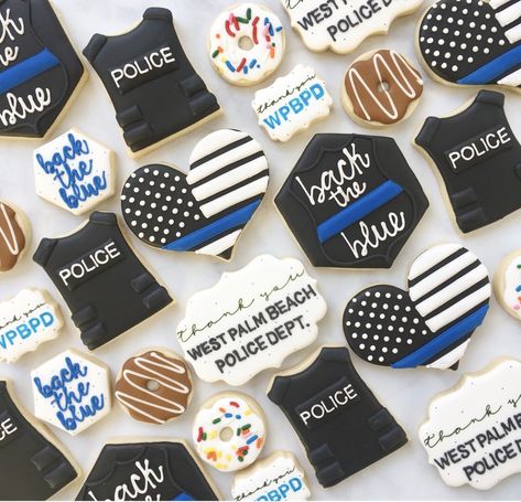 Police Cookies, Officer Party, Police Birthday Party, Police Party, Police Birthday, Sugar Cookie Royal Icing, Blue Cookies, Cookie Business, Graduation Cookies