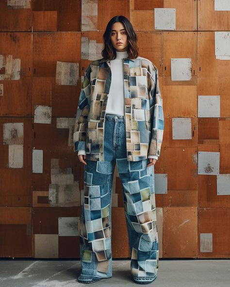 Photo Print Patch Denim Outfit Denim Trends 2023/2024, Patchwork Trends, Patchwork Denim Jeans, Denim Suit, Cargo Shirts, Denim Wear, Denim Patches, Tomboy Outfits, Denim Patchwork