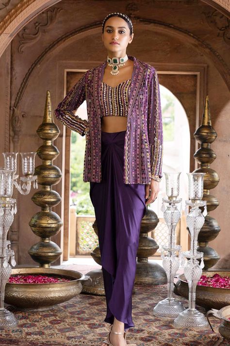 Drape Skirt With Jacket, Traditional Jackets For Women Indian, Purple Traditional Outfit, Drape Skirts Indo Western, Suit Silhouette, Indian Jackets, Embroidered Cuffs, Cape For Women, Tandoori Masala