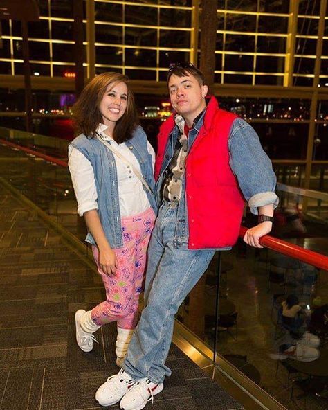 Pin for Later: 13 Couples Costumes Straight Out of the '80s Marty McFly and Jennifer Parker From Back to the Future Back To The Future Group Costume, 80s Fashion Couples, 80s Party Couple Outfits, Back To The Future Costume Women, Famous 80s Couples Costumes, Iconic 80s Couples Costumes, 80s Costumes For Couples, 80s Duo Costumes, Back To Future Costume