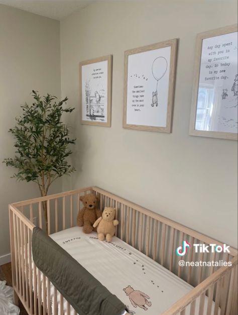 Neutral Pooh Bear Nursery, Minimal Winnie The Pooh Nursery, Nursery Pooh Bear, 100 Acre Woods Nursery, Rustic Winnie The Pooh Nursery, Simple Winnie The Pooh Nursery, Bee Nursery Ideas, Hundred Acre Woods Nursery, Winnie The Pooh Nursery Ideas