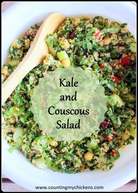 Kale and couscous salad Cuscus Salad, Kale Couscous, Packable Lunch, Homestead Blog, Mediterranean Quinoa Salad, Homemade Lunch, Meatless Dinner, Kale Recipes, Eat Seasonal