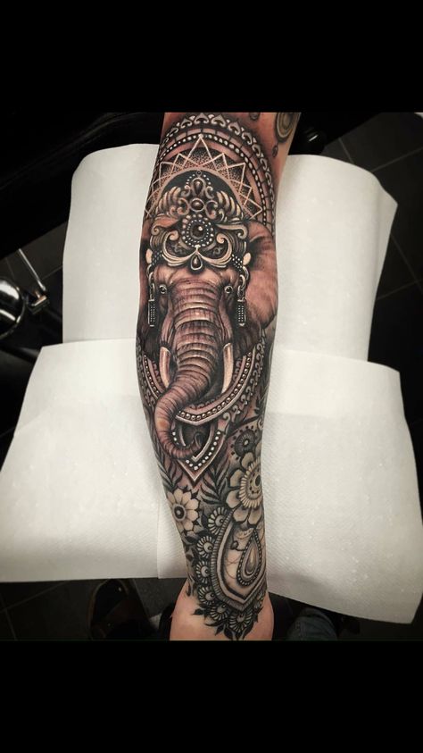 Elephant Sleeve, Elephant Thigh Tattoo, Tattoo Elephant, Elephant Tattoo Design, Ganesha Tattoo, Leg Tattoos Women, Full Sleeve Tattoos, Elephant Tattoo, Elephant Tattoos