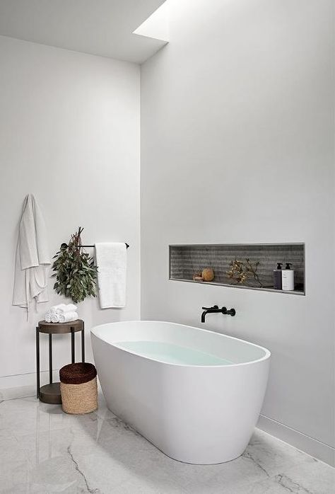 Ledge Behind Freestanding Tub, Freestanding Bathtub Accent Wall, Tub Filler Wall Mount, Free Standing Bath Tub Ideas, Bathroom Ideas Bathtub, Bathtub Niche, Marble Herringbone Floor, Wall Mounted Tub Filler, Floating Tub