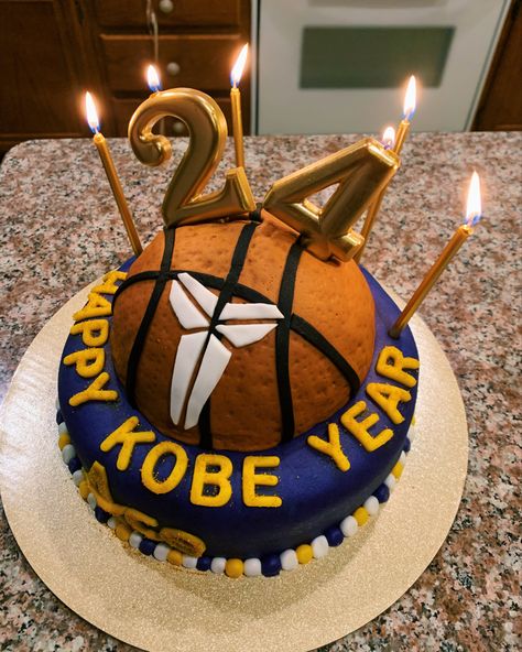 Kobe/Laker themed cake Kobe Party Theme, Kobe Bryant Birthday Party Ideas, Kobe 24th Birthday Theme, Kobe Birthday Cake, Kobe Bryant Themed Birthday Party, Kobe Bryant Cake Ideas, Kobe Bryant Birthday Cake, Kobe Year Cake, Kobe Birthday Theme