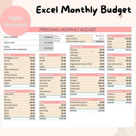 Monthly Budget Spreadsheet Template for Excel, Budget Sheet, Budget Tracker, Savings Tracker, Budget Planner, DIGITAL DOWNLOAD monthlyplannertemplate #minimalistdailyplanner #selfcareplanner #basicplannerpages🖖🏻 Expense Tracker Excel, Budget Chart, Financial Budget Planner, Weekly Budget Template, Excel Budget Spreadsheet, Budget Spreadsheet Template, Budget Sheet, Monthly Budget Spreadsheet, Budget Categories