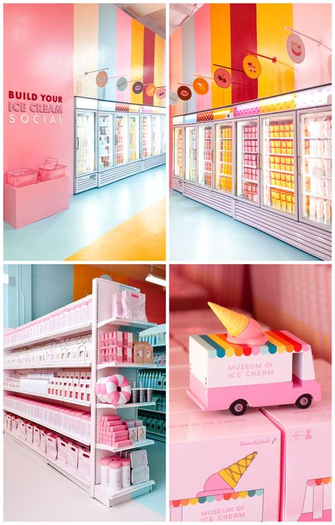 Pink Supermarket, Pink Fridge, Exhibition Display Design, Supermarket Display, Beauty Marketing, 7 Eleven, Interior Design Mood Board, Vintage Candy, Promotional Design