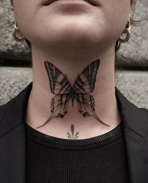 Aura Ninety Four on Instagram: "@fiillelune 🦋 Butterfly neck tattoo by our upcoming guest 🌟 Fille will be with us from 31st January - 2nd February! You can send an email to fiillelune@gmail.com to make a booking 💙 #tattoo #butterflytattoo #necktattoo #butterflynecktattoo #butterfly #fineline #finelinetattoo #singleneedle #singleneedletattoo #blackwork #blackworktattoo #blackworkers #blacktattoo #blackink #blackinktattoo #blxckink #finelinekillers #microrealismtattoo #microrealism #tattoodo #t Tiny Butterfly Tattoo, Front Neck Tattoo, Butterfly Neck Tattoo, Purple Butterfly Tattoo, Colorful Butterfly Tattoo, Girl Neck Tattoos, Throat Tattoo, Single Needle Tattoo, Neck Tattoos Women