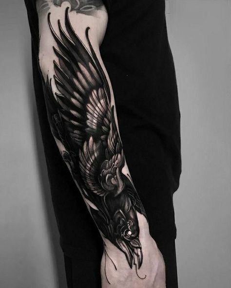 Crow Tattoo For Men, Black Crow Tattoos, Crow Tattoos, Forearm Cover Up Tattoos, Rabe Tattoo, Underarm Tattoo, Crow Tattoo Design, Half Sleeve Tattoos Forearm, Wrist Tattoo Ideas