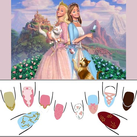 Barbie Princess and the Pauper theme press on nails🤭 👸🏼🌸🦋 Swipe for sketch 👉🏻 #barbie #princessandthepauper #pressonnails Barbie Princess And The Pauper Nails, Princess And The Pauper Nails, Barbie Movie Nails, Princess Nail Designs, Barbie Princess And The Pauper, Barbie Nail, Barbie 12 Dancing Princesses, Barbie Swan Lake, Princess Nails