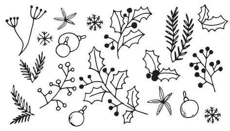 vector drawing in doodle style. set of christmas plants. holly, spruce branches, winter berries Christmas Plant Drawing, Christmas Greenery Drawing, Holly Leaves Drawing, Holly Drawing Simple, Holly Berry Drawing, Christmas Holly Drawing, Holly Doodle, Windows Painting, Holly Flower