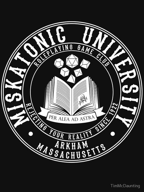 "Miskatonic University Roleplaying Club" T-shirt by TimMcDaunting #Aff , #AD, #Roleplaying, #University, #Miskatonic, #TimMcDaunting Debate Club, Miskatonic University, Video Game Logos, Acoustic Panel, The Book Club, University Logo, Club Logo, Call Of Cthulhu, Club T Shirt