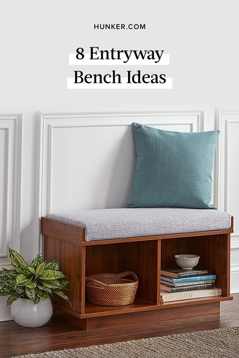 Find eight entryway bench ideas that will reinspire you to tackle decorating one of your home's most underrated areas and show off your design personality from the moment guests walk in. #hunkerhome #entryway #entrywaybench #benchideas #bench Foyer Bench With Shoe Storage, Small Bench With Storage, Small Entryway Bench With Shoe Storage, Entryway Bench Decor Ideas, Entry Bench With Storage, Small Entry Bench, Small Shoe Bench, Small Storage Bench, Entrance Ideas Entryway