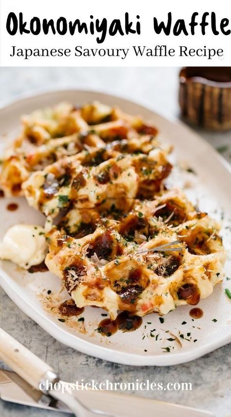 Okonomiyaki Savory waffles - Make the Japanese street food Okonomiyaki in a waffle iron with my step by step photo instructions and recipe. These savory waffles are so easy to make and great for breakfast or dinner. #savorywaffles #okonomiyaki #savorywafflesrecipe #okonomiyakirecipe #waffles Waffles Savory, Waffle Hacks, Authentic Japanese Recipes, Japanese Lion, Savory Waffle Recipe, Okonomiyaki Recipe, Waffle Pan, Meaty Meals, Tempura Recipe