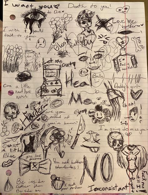 Doodles made during class || Drawn to lyrics of my favorite songs, try to guess some! :) Doodles In Class Aesthetic, Doodling In Class Aesthetic, Song Lyric Doodles, Note Book Doodles Grunge, Chaotic Doodles, Lyrics Sketchbook, In Class Doodles, Scribbles Aesthetic, 90s Doodles