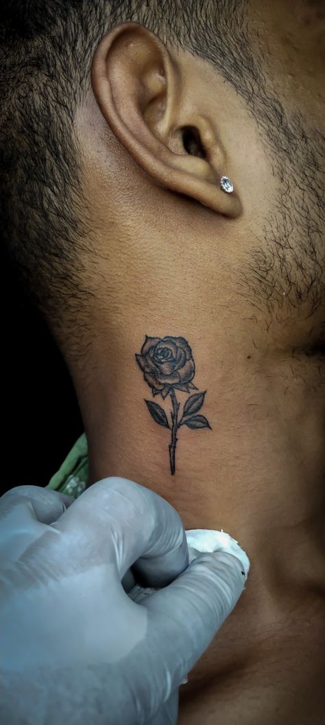 Rose On Neck Tattoo Men, Rose On Back Of Neck, Small Rose Neck Tattoo, Rose Tattoo Men Neck, Flower Neck Tattoo Men, Rose On Neck Tattoo, Rose Neck Tattoo Men, Rose Tattoo On Neck, Neck Rose Tattoo