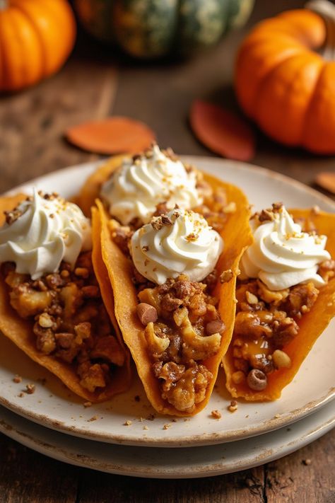 Pumpkin Pie Tacos Recipe

Ingredients

- 1 can (15 ounces) pure pumpkin puree
- 1/2 cup sweetened condensed milk
- 1 teaspoon pumpkin pie spice
- 8 small taco-sized tortillas
- Whipped cream for serving

Instructions

- In a medium bowl, combine pumpkin puree, sweetened condensed milk, and pumpkin pie spice; mix well until smooth.
- Heat taco-sized tortillas in a skillet over medium heat until warm and pliable. 

Full Recipe on... Pumpkin Pie Taco, Pumpkin Pie Tacos Recipe, Pumpkin Pie Tacos, Pumpkin Tortillas, Pumpkin Pie Spice Mix, Best Pumpkin Pie, Spiced Apple Cider, How To Make Pumpkin, Fresh Spices