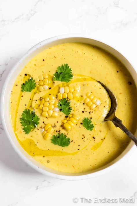 This beautiful sweet corn gazpacho is made with fresh, sweet summer corn. It’s a chilled, creamy soup that is 100% dairy-free and so perfect on a hot day. You are going to love it! #theendlessmeal #corn #summer #gazpacho #soup #summersoup #veggies #summerveggies #produce #healthy #nocookrecipes #cornrecipes #gazpachorecipes #souprecipes #glutenfree #vegan #veganrecipes #refinedsugarfree #sugarfree Corn Gazpacho, Summer Gazpacho, Corn Stock, Summer Soup Recipes, Cold Soup Recipes, Curried Cauliflower Soup, Gazpacho Soup, Cream Of Asparagus Soup, Avocado Soup