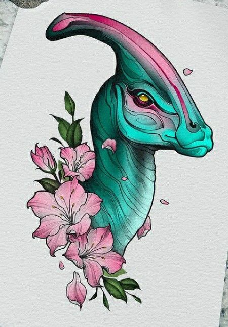 Neo Traditional Dinosaur Tattoo, Parasaurolophus Drawing, Parasaurolophus Tattoo, Parasaurolophus Art, Tattoo Dino, Animal With Flowers, Snakes Tattoo, David Yost, Dino Tattoo