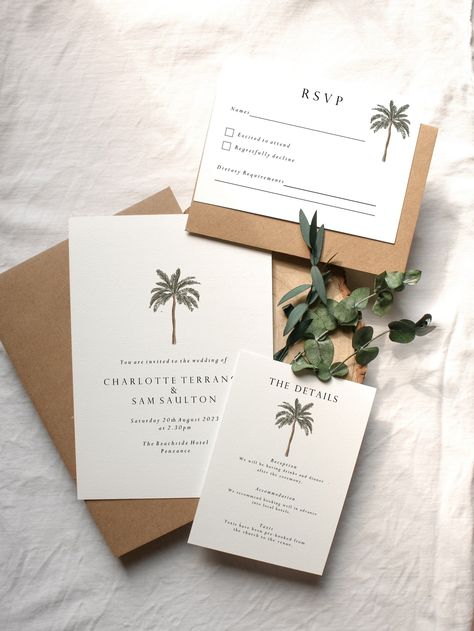 Palm Tree Invitation Suite - No Details Card / No RSVP card / Luxury White with Liner Palm Tree Invitation, Palm Tree Wedding Invitations, Minimal Font, Palm Wedding, Tree Wedding Invitations, Beach Theme Wedding Invitations, Themed Wedding Invitations, Custom Wedding Stationery, Vintage Invitations