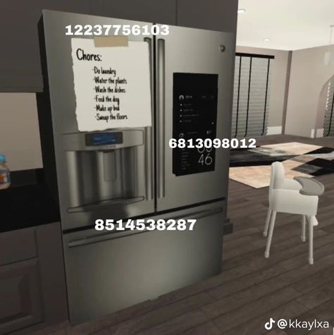 Bloxburg Parents Bedroom Ideas Modern, Bloxburg House Sign Decals, Bloxburg Pinboard Codes, Club Roblox Modern House, Bloxburg Vacuum Decal, Bloxburg Kitchens Ideas, Bloxburg Rooftop Ideas 1 Story, Bloxburg Airfryer, Modern Laundry Room Ideas Bloxburg