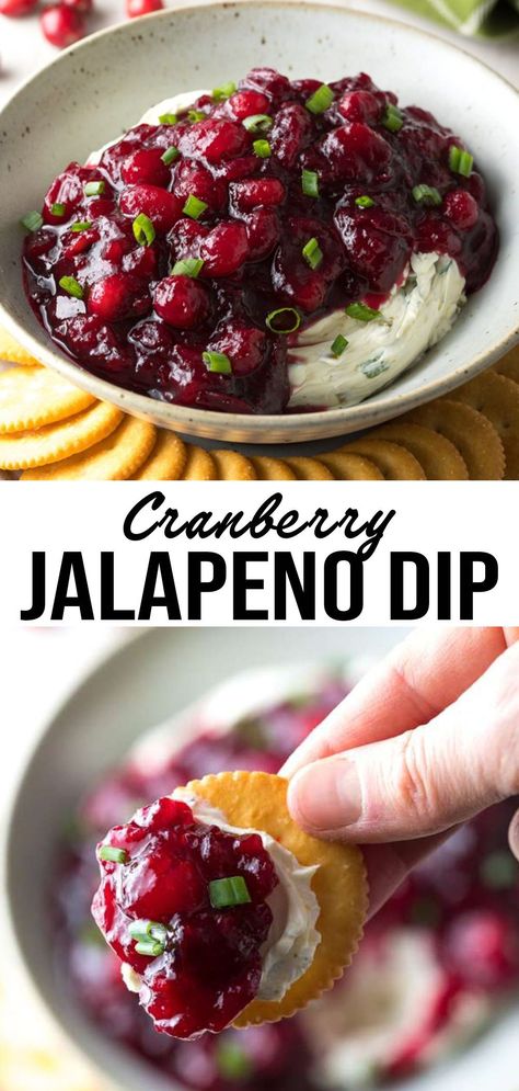 Our Sweet and Spicy Cranberry Jalapeno Dip (Cream Cheese Dip), is an easy and addictive party snack for the holidays! Cranberry Jalapeno Cream Cheese, Cranberry Jalapeno Cream Cheese Dip, Recipes For Dinner Party, Cranberry Jalapeno Dip, Jalapeno Dip Recipes, Jalapeno Cream Cheese Dip, Jalapeno Cream Cheese, Cranberry Jalapeño, Cream Cheese Recipes Dip