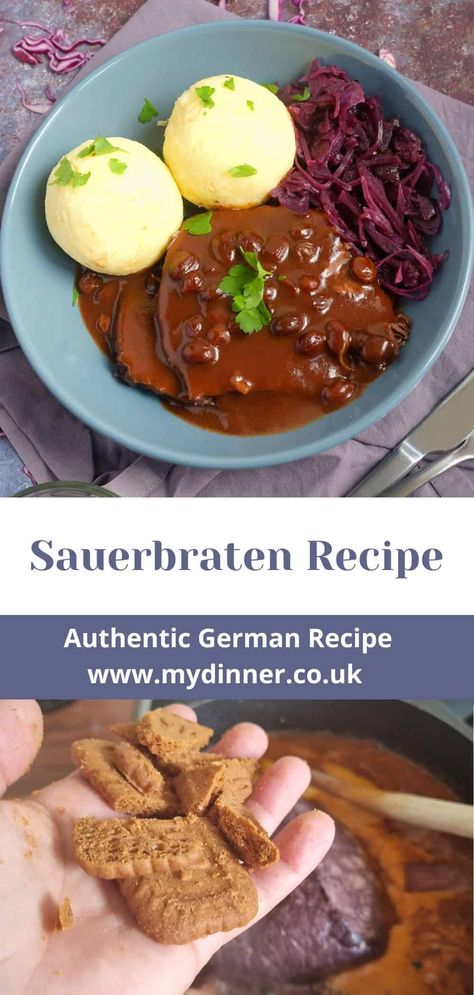 Learn how to make Sauerbraten with this authentic German recipe. Rheinischer Sauerbraten how we like to eat it in Germany. The recipe is in English. Sauerbraten Recipe Slow Cooker, German Cuisine Recipes, German Sauerbraten Recipe, German Recipes Dinner, Saurbraten Recipe, Sauerbraten Recipe, Traditional German Food, German Food Authentic, German Foods