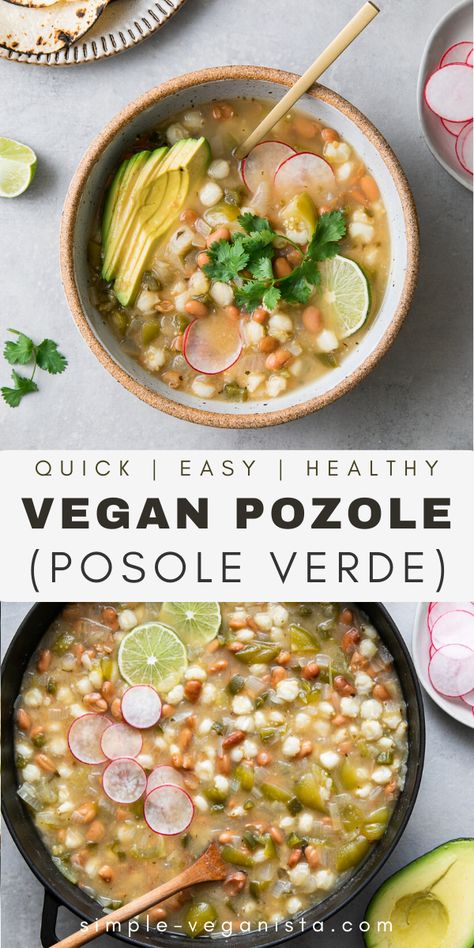 Vegan Posole Verde, Vegan Pozole Verde, Moljacete Recipes, Vegan Pozole Recipe, Vegan Posole, Mexican Vegan Recipes, Posole Verde Recipe, Vegan Pozole, Canned Tomatillos