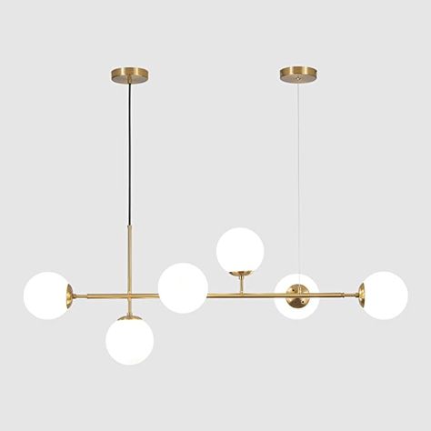 KCO Lighting Modern Brass Chandelier Mid Century Gold Sputnik Pendant Light 6-Light Glass Globe Linear Chandelier Adjustable Kitchen Island Pendant Lighting. The modern chandelier island light is supported by simple golden iron lamp body, 6 glass balls like white milk are suspended around the gold rod. The whole shape is simple and exquisite. Available in multiple colors. Sputnik Chandelier Dining Room, Dining Pendant Light, Modern Brass Chandelier, Chandelier Mid Century, Gold Dining Room, Dining Pendant, Dining Room Ceiling Lights, Gold Pendant Lighting, Kitchen Island Chandelier