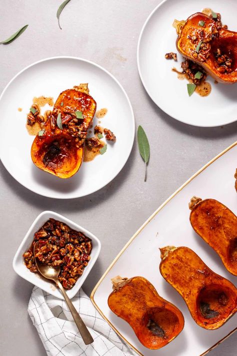 Roasted Honeynut Squash with Maple Pecans - The Real Recipes Honey Nut Squash, Roasted Honeynut Squash, Maple Pecans, Honeynut Squash, Autumn Food, Maple Pecan, Honey Nut, Vegetarian Paleo, Chopped Pecans