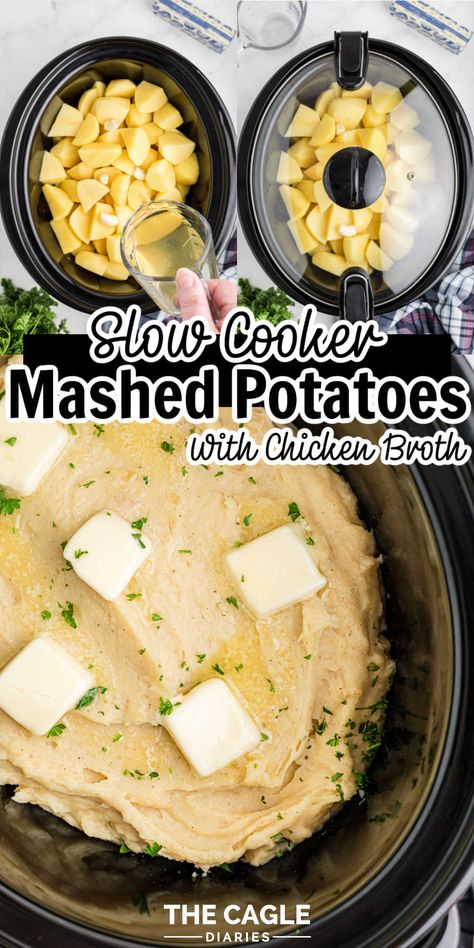 Crockpot Mashed Potatoes With Chicken Broth, Slower Cooker Mashed Potatoes, Mashed Potatoes Crockpot Thanksgiving, Crockpot Mashed Potatoes Easy Cream Cheese, Mashed Potato In Crock Pot, Chicken Broth Mashed Potatoes, Loaded Mashed Potatoes Crockpot, Crockpot Instant Mashed Potatoes, How To Keep Mashed Potatoes In Crockpot