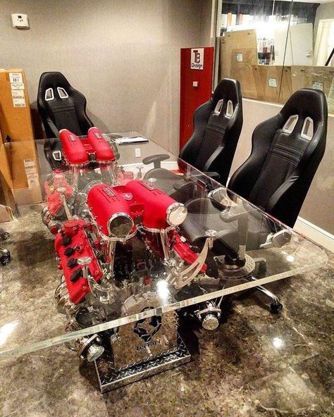 Mechanic Shop Decor, Car Parts Decor, Old Car Parts, Garage Furniture, Racing Chair, Mechanic Shop, Car Part Furniture, Automotive Furniture, Car Furniture