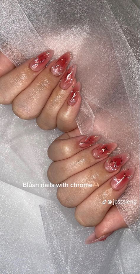 Jell Acrylic Nails, Korean Jelly Nails Acrylic Almond, Red Y2k Nails Almond, Red Translucent Nails, Asian Nails Red, Kali Uchis Aesthetic Nails, Cute Red Almond Nails, Douyin Nails Oval, Blush Nails With Design