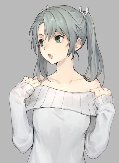 danbooru (@teruyo) on Twitter Anime Short White Hair Female, Anime White Hair Blue Eyes, Silver Hair Green Eyes Anime, White Hair Ponytail Anime, White Hair Blue Eyes Anime Female, Open Shoulder Sweater, Kantai Collection, Wear Green, Manga Boy