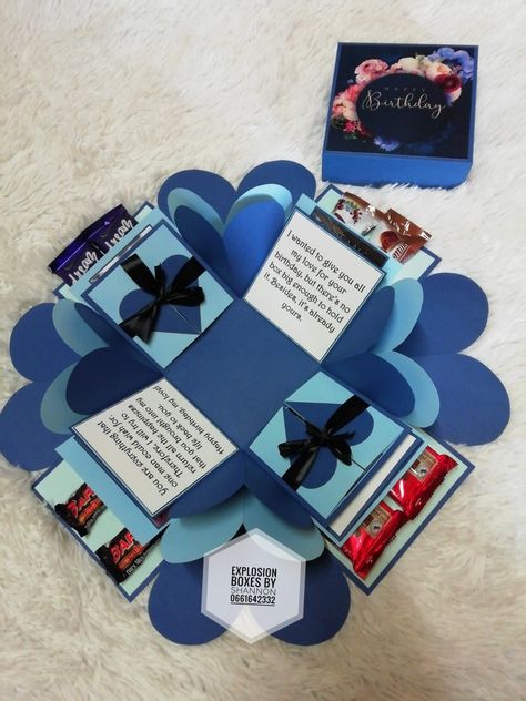 Blue Explosion box with photos and messages, ribbons and chocolates. Explosion Box Ideas, Blue Explosion, Birthday Explosion Box, Dream Bars, Birthday Chocolate, Birthday Chocolates, Explosion Box, Blue Birthday, Diy Gift Box