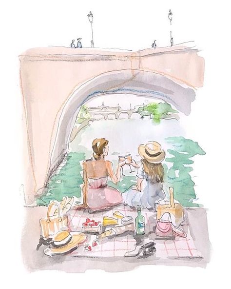 Lina Nordin Gee, Paris Picnic, A Group Of Friends, Paris Painting, Picnic Decorations, The Seine, Drawings Of Friends, Sun Set, Picnic Party