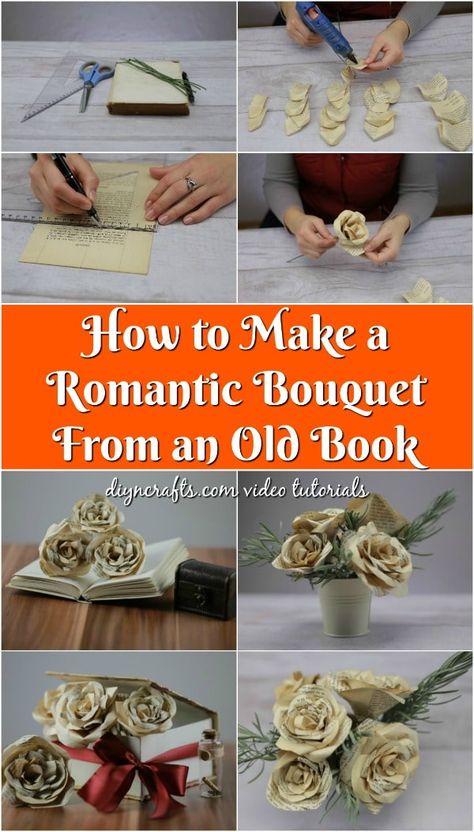 Book Gifts Diy, Book Bouquet, Book Page Roses, Book Page Flowers, Book Themed Wedding, Everlasting Bouquet, Old Book Crafts, Bouquet Tutorial, Romantic Bouquet