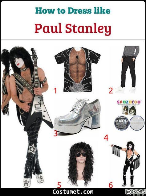 Paul Stanley Costume Woman, Paul Stanley Costume, Stanley Costume, Starchild Kiss, Black And White Face Paint, Band Kiss, Kiss Costume, White Face Paint, Black Curly Wig