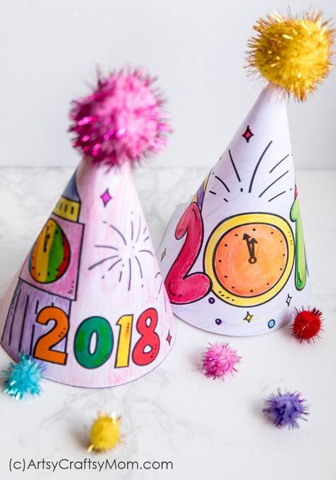 Ring in the New Year with style wearing our printable New Year's Eve Coloring Party Hats! Print. Color. Cut. Wear, #newyearcraft #partyhat Diy New Years Party, Coloring Party, New Year's Eve Crafts, Kids New Years Eve, New Year's Eve Activities, New Years Hat, New Year's Eve Celebrations, New Year's Crafts, Ring In The New Year