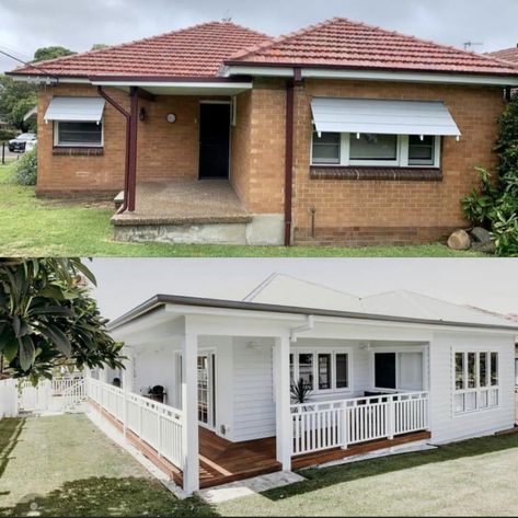 Brick Bungalow Exterior Makeover, Brick Bungalow Exterior, Brick House Exterior Makeover, Brick House Exterior, Porch Extension, Painted Brick Exteriors, Beach House Renovation, Investment House, Ranch House Exterior