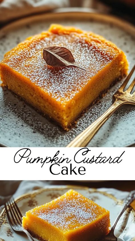 This Pumpkin Custard Cake features a creamy, spiced pumpkin layer on a soft cake base, making it a delightful fall recipe! It’s the perfect dessert for holiday dinners, with all the flavors of pumpkin pie in a cake. Pumpkin Custard Pie Recipe, Pumpkin Custard Pie, Soft Cake, Pumpkin Custard, Cake Base, Custard Cake, Custard Recipes, Fall Recipe, Spiced Pumpkin